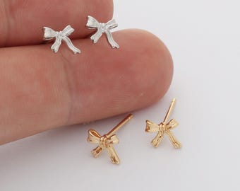 6pcs Real Gold Plated Bow Stud Earrings, Tiny Mini Dainty Earrings, Zircon Cartilage Earring Stud,Minimalist Accessories,Bulk