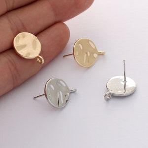 10Pcs Real Gold Plated Round Hammer Earrings w/ Ring,Pad Stud Earring,Gold Disc Earrings,Trend Earrings,Earring Attachment