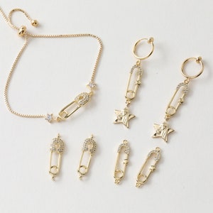 6PCS Real Shiny Gold Pin Charms, CZ Pave Pin Connector, Pin jewelry, Zircon Pin, Pin Link