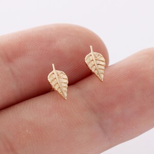 May include: A pair of gold leaf stud earrings. The earrings are small and delicate, with a textured leaf design.