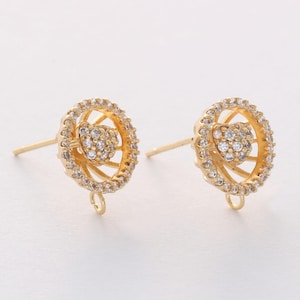 Real Gold Plated Brass Circle Earring Posts, CZ PAVE Circle Earring Stud,Zircon Round Ear Studs, Earring accessories