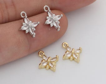 6pcs Real 18K Gold Plated Zircon Charm ,Tiny Pave Flower Pendant, Bracelets Finding,Trendy Charm,Gold Initial Charm