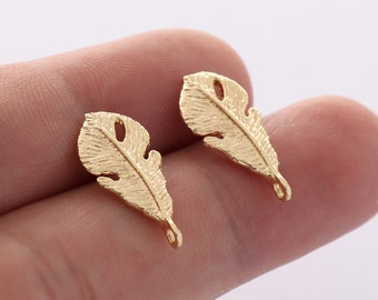 6PCS Gold Plated Leaves Earrings,Leaf Post Earrings,Feather Earring with loop,Designer jewelry Finding, Earring diy