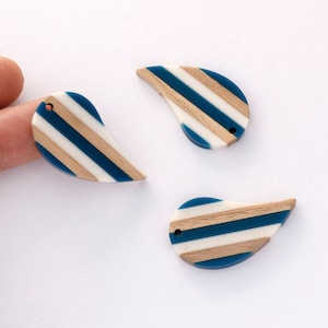 4pcs Epoxy Resin Pendants, Teardrop Translucent White Resin Findings, Wood and Resin Pendant, Color Blocked, Teardrop Charm