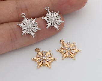 6PCS Real Gold Plated Cubic Zirconia Snowflake Charms,Connector,CZ Pave Flower Pendant, BlueSnowflake, Christmas Charm