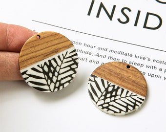 4pcs Epoxy Resin Pendants, Teardrop Translucent White Resin Findings, Wood and Resin Pendant, Color Blocked, Large Round Charm