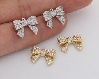 6pcs Real 18K Gold Plated CZ Pave Bow Charm Dainty Zircon Bow Pendant for Jewelry Making
