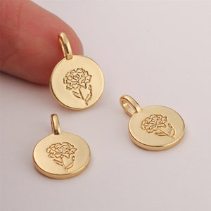 6pcs Nickel Free Quality Real Gold Plated Birth Flower Pendant, Flower Tag Charm, Flower Coin Pendant, Jewelry Making diy Material Finding