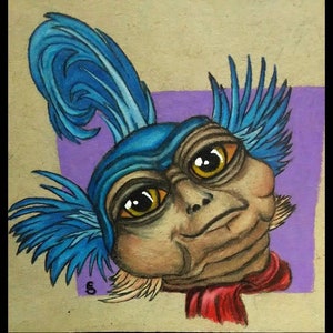 May include: A hand-drawn illustration of a blue and brown creature with large eyes and a red scarf. The creature has a blue feathered crest on its head and is drawn on a purple background.