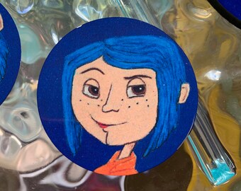Coraline Blue Haired Girl Sublimated Print, Magnet, Keychain, Pin, Sticker