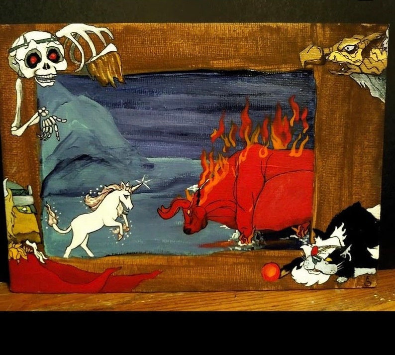 Last Unicorn Fights the Bull with Villian Frame Deluxe Sublimated Gift Metal Pin Lapel Pin King Haggard Cat Skeleton Harpy image 3