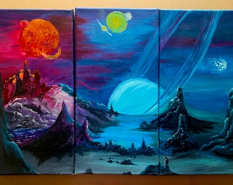Tiny Astronaut Explores Planet A-Q244 Spacescape, Original done as a Triptych in Oil Paint