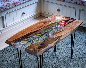 Wood & Floral Art Resin Table | Asian Elm Wood with Botanical Art Resin Inlay | 'Edge of Enchantment' Custom Handcrafted Statement Table