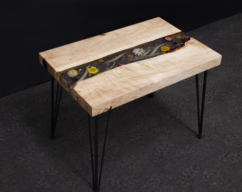 Customisable Poplar Burl Table with Floral ArtResin Inlay - Reclaimed Wood - Personalised Home Art Décor - Customise Your Piece Today!