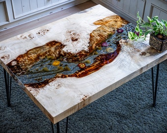 Wood & Floral Art Resin Table | Poplar Burl with Botanical Art Resin Inlay | 'Nature's Mosaic' Custom Handcrafted Statement Table