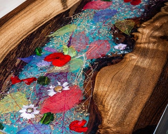 Wood & Floral Art Resin Table | Kassod Wood with Botanical Art Resin Inlay | 'Slender Valley' Custom Handcrafted Statement Table