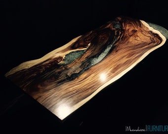 Dining Table, Acacia Wood; Smashed Crystal Epoxy River Resin Overhang - Natural or Epoxy Resin Finish 300x100cm (118"x40")