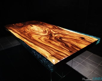 Custom 2.0m Golden Acacia HiGloss Single Piece Slab Table Top; Hand-Crafted Table Featuring Acqua Smashed Crystal Glass Fill