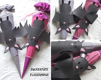 Zuckertüte/Schultüte "Fledermaus" inklusive Rohling, waschbar, zwei Farbvarianten zur Wahl, mit Kissen und Namen möglich