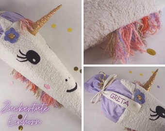 Cono de azúcar/cono escolar "Unicornio", incluye espacio en blanco, con relleno de almohada y posible nombre