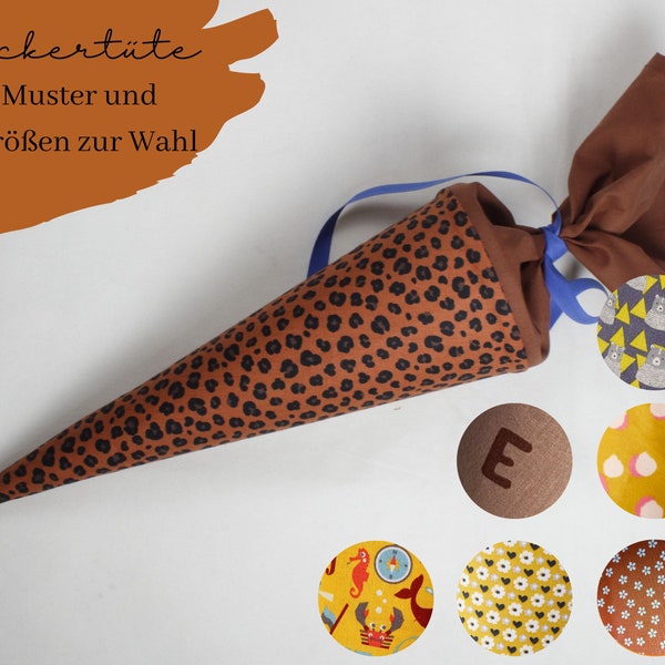 Schultüte/Geschwisterschultüte (Stoffbezug), sieben Motive und drei Größen zur Wahl, Bär, Leopard-Muster, Blume, maritim, Punkte, Buchstaben