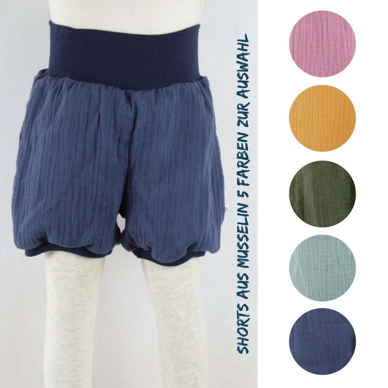 Muslin shorts, muslin shorts, five colors to choose from, navy, mustard yellow, mint, olive, old pink image 1