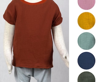 Camisa de manga corta confeccionada en muselina, seis colores a elegir, ocre, azul, rosa, terracota, verde abeto, menta