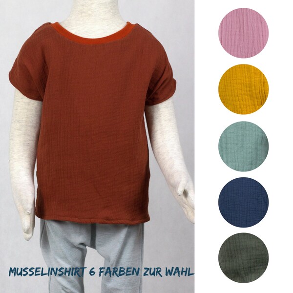 Kurzarmshirt aus Musselin, sechs Farben zur Wahl, ocker, blau, rosa, terrakotta, tannengrün, minz