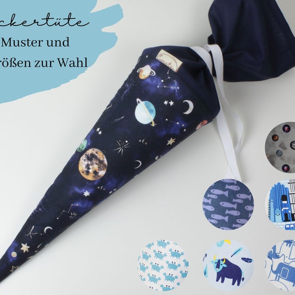 Schultüte/ Geschwisterschultüte (Stoffbezug), 7 Motive und 3 Größen zur Wahl, Fische, Weltall, Elefant, Weltenbummler, Krabbe, Planet, Bison