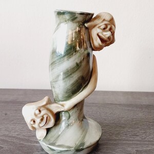 Vintage Glazed Ceramic Vase with Two Heads Unusual