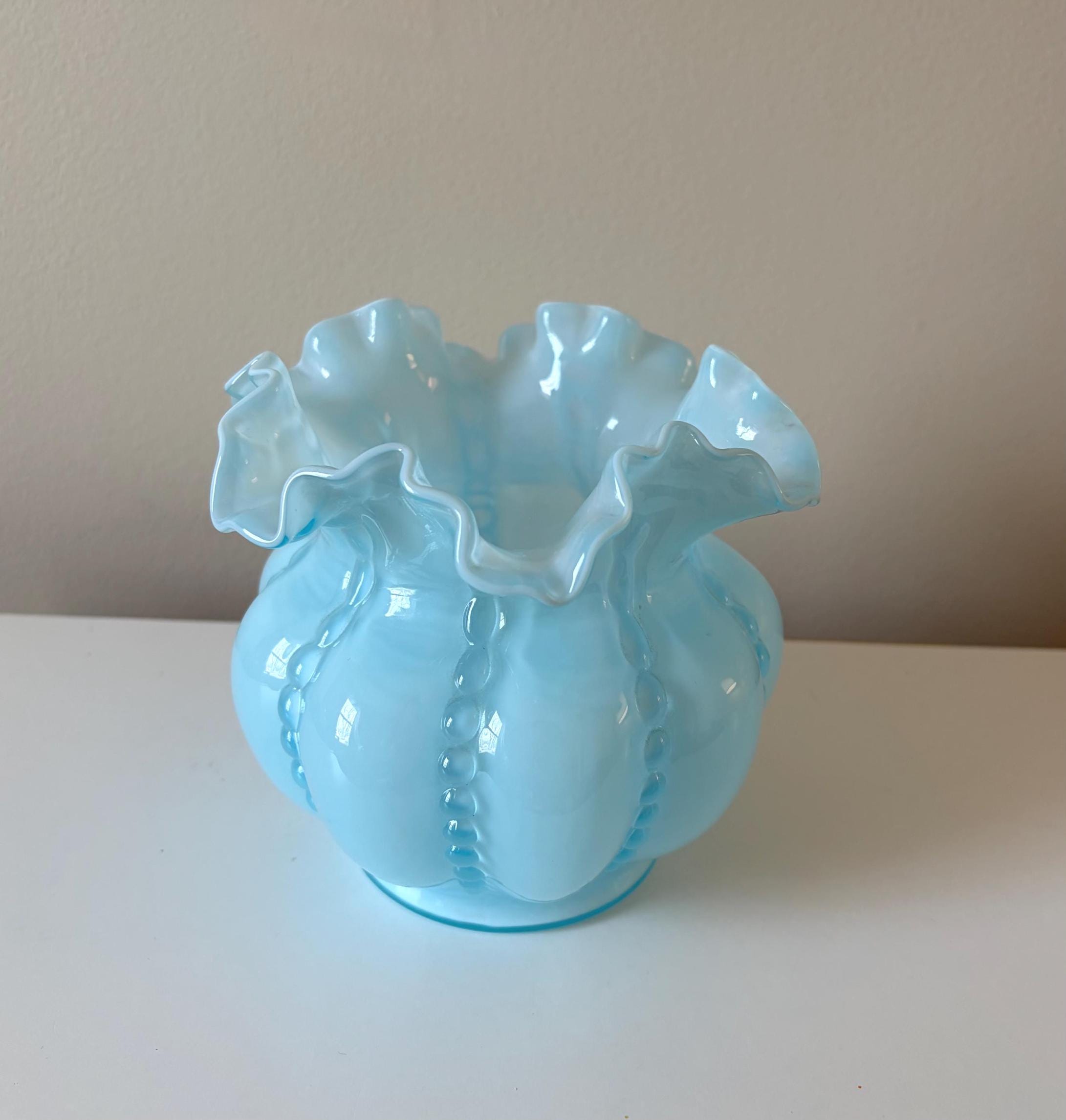 Fenton Blue Opalescent Ruffled Edge Bowl - Etsy