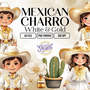 charro mexican watercolor clipart, boy and girl, White dress with gold, digital art,