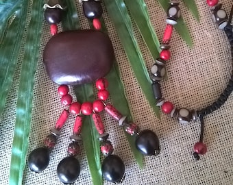 boho chic long necklace / red and black long necklace / tropical palm tree