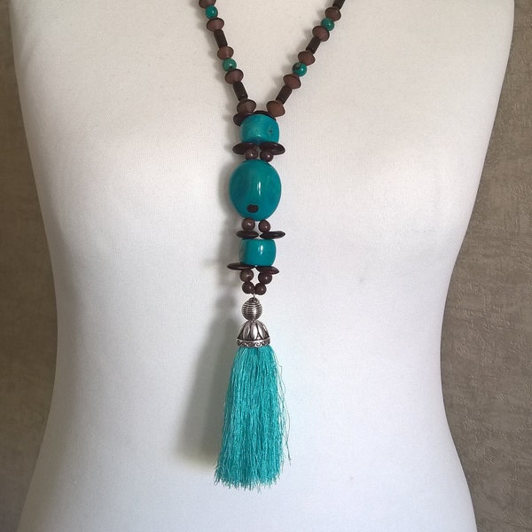 Sautoir bohème, sautoir turquoise, sautoir tagua, sautoir pompon, sautoir graines,  bijoux ethnique