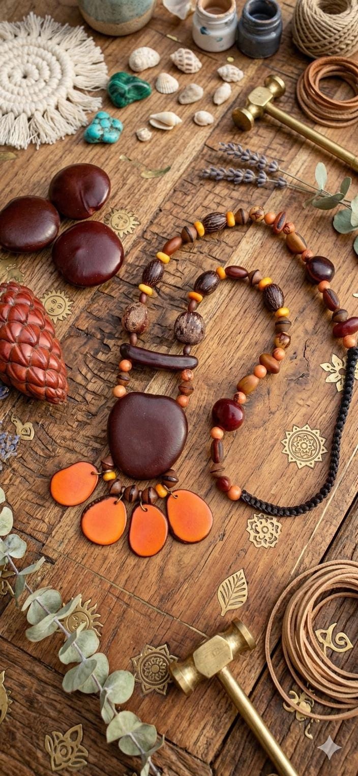 Handmade Necklace Made of Tropical Seeds/vegetable Ivory / Macrame 