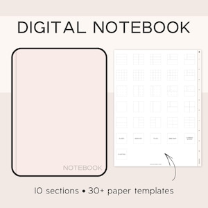 Pode incluir: Caderno digital com capa rosa claro e borda preta. O texto "DIGITAL NOTEBOOK" está no topo. O caderno inclui 10 seções e mais de 30 modelos de papel. Uma página separada mostra vários designs.