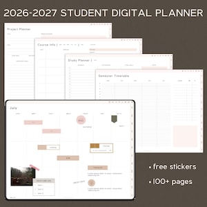 May include: A digital planner for students, featuring a black tablet displaying various planning pages. The pages include project planning, course information, study schedules, and a semester timetable. The planner includes free stickers and over 100 pages.