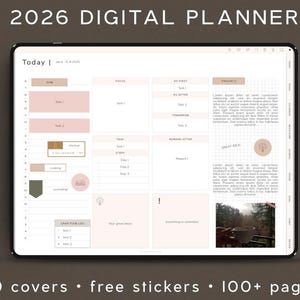 May include: A digital planner displayed on a tablet, featuring a clean, minimalist design with sections for tasks, focus, and notes. The screen displays the text "2026 DIGITAL PLANNER" at the top, with additional text at the bottom: "20 covers • free stickers • 100+ pages."