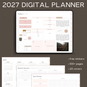 May include: A 2027 digital planner displayed on a tablet screen showing a daily schedule with pink task blocks, a gratitude log, and notes. Below are additional planner pages including a yearly calendar, monthly review, and goal planner.