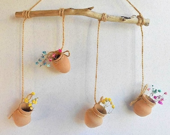 Mini hanging garland Clay wall hanging Wabi sabi organic wall decor Clay and driftwood hanging mobile