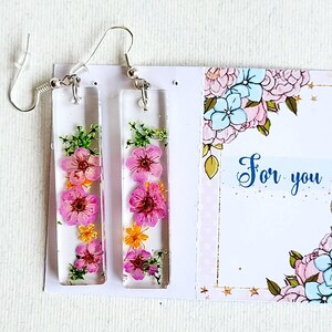 Resin Earrings With Pressed Flowers- Pink floral botanical jewelry for women- Birthday Anniversary gift for girl, sister, mom, wife