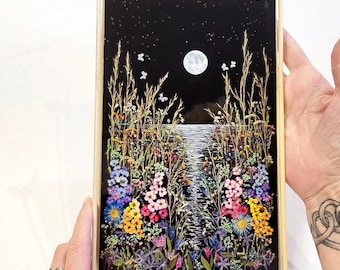 Black Pressed Flower Wall Art Frame : Moon Phase Wall Hanging