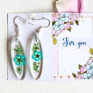 Forget-Me-Not Resin Earrings: Real Dried Flower Dangle, Silver Needle
