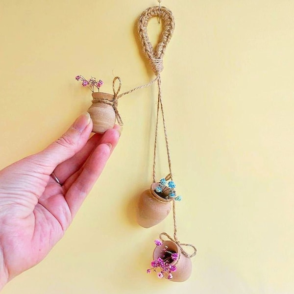 Mini wall hanging Set of 2, 3, 4 handmade pottery miniature vases on a hemp cord for wall decor Cute gift for mom grandmother sister