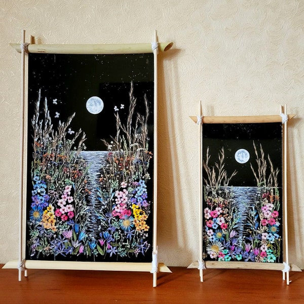 Whimsigoth Wall Decor Pressed Flower Frame Moon Phase Black Pressed Flower Art Gift for Mom, Grandmother, Mother in Law (A)