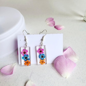 Real flower earrings hypoallergenic- Pressed Real Dired Meadow Flower Resin Dangle Drop Earrings- Floral botanical jewelry for women