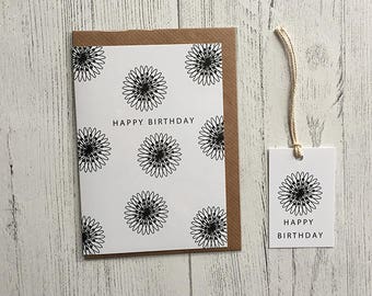 Joyeux anniversaire Carte Fleur Noire & Étiquette Cadeau Assortie