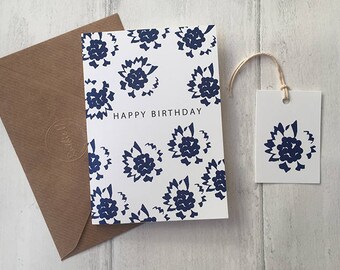 Carte de joyeux anniversaire Blue Floral - Étiquette cadeau assortie