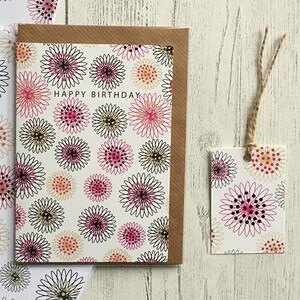 Happy Birthday Card Floral Pattern and Matching Gift Tag