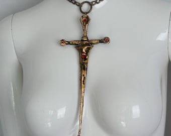 Handcrafted Dagger Necklace, Rhinestone Blood Drip Design